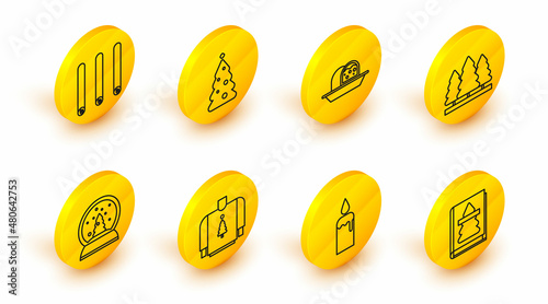 Set line Christmas book, Burning candle in candlestick, sweater, snow globe, trees, Marzipan sponge cake, with decorations and Three rolled sticks of cinnamon icon. Vector