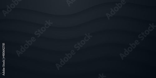 Dark Material Design Modern Morphism Curved Lines 3D Vector Futuristic Abstract Technology Black Background. Warped Layered Structure Wide Wallpaper. Render Abstraction Subtle Navy Striped Backdrop