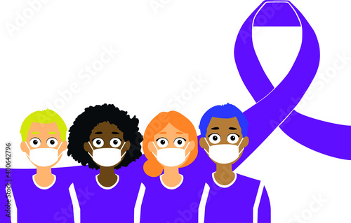 Vector, lazo morado para el día internacional de la mujer 8 de marzo, gente diversa usando máscarillas para evitar contagios de coronavirus. Feminismo, igualdad, derechos humanos.