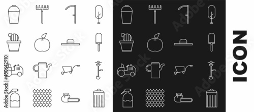 Set line Trash can, Grass and weed electric string trimmer, Garden trowel spade or shovel, Scythe, Apple, Cactus succulent pot, Bucket and Worker hat icon. Vector