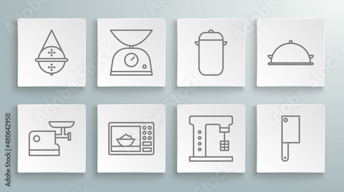 Set line Kitchen meat grinder, Scales, Microwave oven, Electric mixer, Meat chopper, Cooking pot, Covered with tray of food and Ball tea strainer icon. Vector