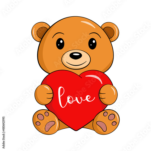 Teddy bear holding a heart with word love. Valentine's day. Vector. Cartoon