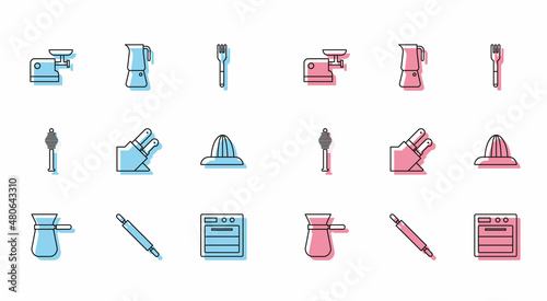 Set line Coffee turk, Rolling pin, Kitchen meat grinder, Oven, Knife, Citrus fruit juicer, Honey dipper stick and Moka pot icon. Vector