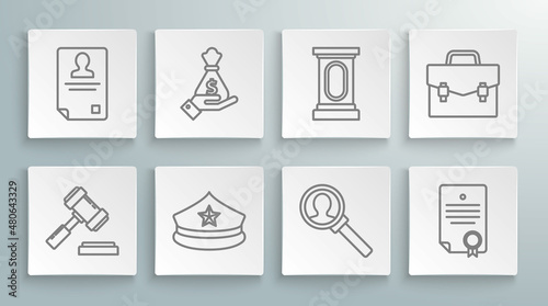 Set line Judge gavel  Police cap with cockade  Magnifying glass for search  Certificate template  Stage stand debate podium rostrum  Briefcase and Identification badge icon. Vector