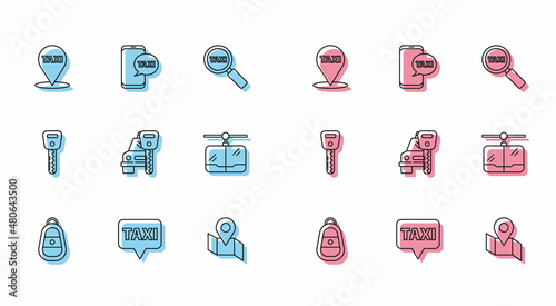 Set line Car key with remote, Map pointer taxi, Folded map location marker, rental, Cable car, and Taxi call telephone service icon. Vector