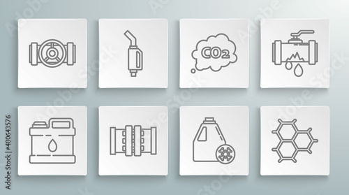 Set line Canister for motor machine oil, Antifreeze canister, Chemical formula consisting of benzene rings, CO2 emissions cloud, Broken with leaking water and icon. Vector