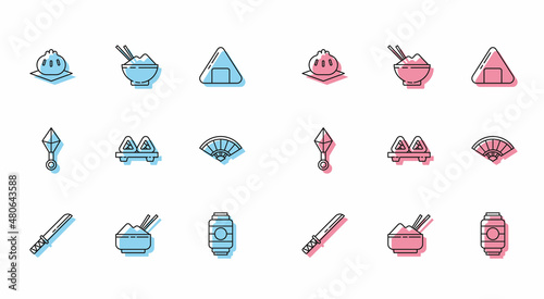 Set line Traditional Japanese katana, Rice in bowl with chopstick, Khinkali cutting board, paper lantern, Sushi, Paper chinese or japanese folding fan, ninja shuriken and icon. Vector