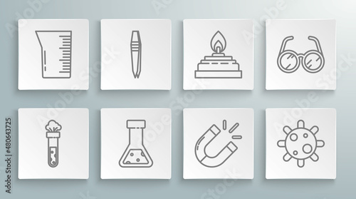 Set line Test tube and flask chemical, Tweezers, Magnet, Bacteria, Alcohol or spirit burner, Laboratory glasses and glassware beaker icon. Vector