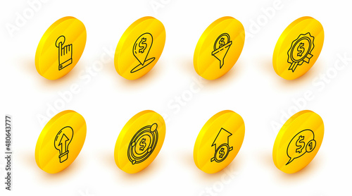 Set line Speech bubble with dollar, Financial growth and coin, Target symbol, Light bulb, Price tag, Lead management, Cash location pin and Hand touch tap gesture icon. Vector