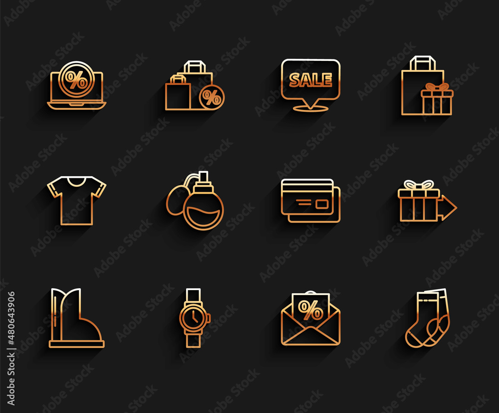 Set line Waterproof rubber boot, Wrist watch, Percent discount and laptop, Envelope with interest, Socks, Perfume, Gift box and Credit card icon. Vector Set line Waterproof rubber boot, Wrist watch, Percent discount and laptop, Envelope with interest, Socks, Perfume, Gift box and Credit card icon. Vector