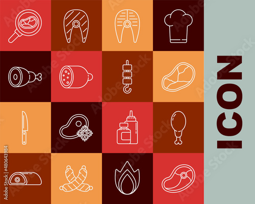 Set line Steak meat, Chicken leg, Fish steak, Salami sausage, in frying pan and Grilled shish kebab on skewer stick icon. Vector