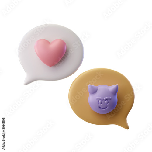 3d render illustration of chat bubbles with heart and purple devil emoji photo