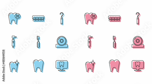 Set line Tooth whitening concept, with caries, Dental clinic location, Toothbrush, Otolaryngological head reflector, drill and Teeth braces icon. Vector