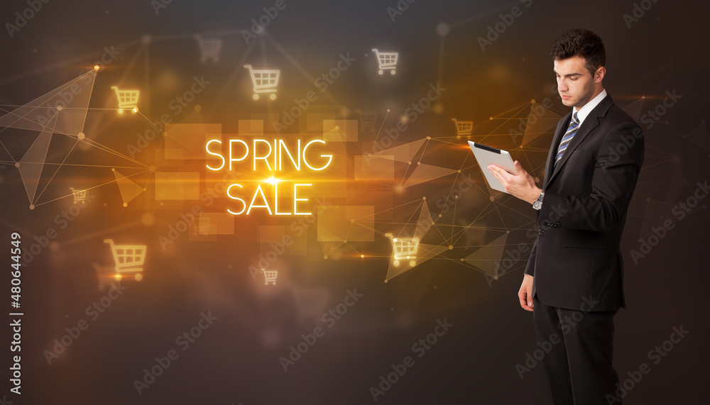 Businessman thinking about shopping concept Businessman thinking about shopping concept