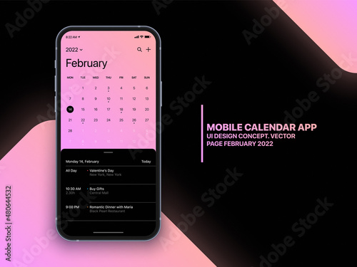 Mobile Calendar App Concept February 2022 Page with To Do List and Tasks UI UX Design Vector on Realistic Phone Screen Mockup Isolated on Background. Smartphone Business Planner Application Template