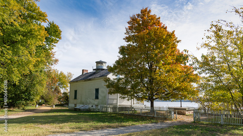 Historic Jones Point Lighthouse on the Potomac River on a Sunny Autumn Day. Alexandria, VA.