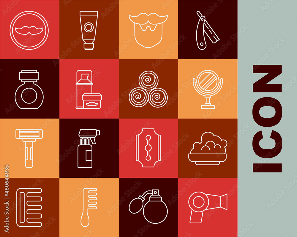 Set line Hair dryer, Shaving gel foam, Round makeup mirror, Mustache and beard, Aftershave, and Towel rolls icon. Vector Set line Hair dryer, Shaving gel foam, Round makeup mirror, Mustache and beard, Aftershave, and Towel rolls icon. Vector