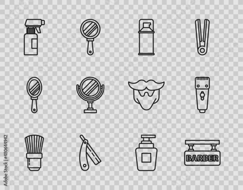 Set line Shaving brush, Barbershop, gel foam, Straight razor, Hairdresser pistol spray bottle, Round makeup mirror, Bottle of shampoo and Electrical hair clipper shaver icon. Vector