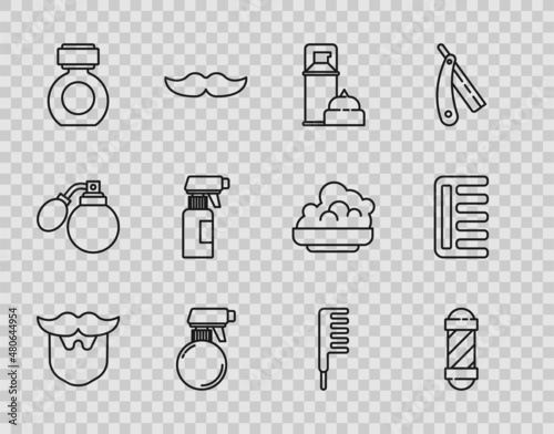 Set line Mustache and beard, Classic Barber shop pole, Shaving gel foam, Hairdresser pistol spray bottle, Aftershave, Hairbrush and icon. Vector