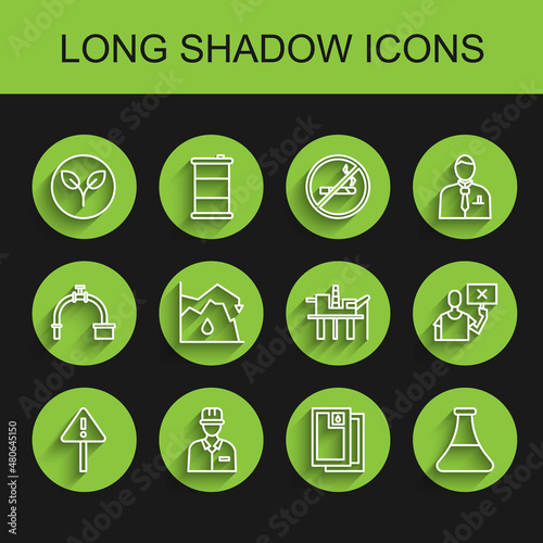Set line Exclamation mark in triangle, Oilman, Bio fuel, Barrel oil, petrol test tube, Drop crude price, Nature saving protest and platform the sea icon. Vector