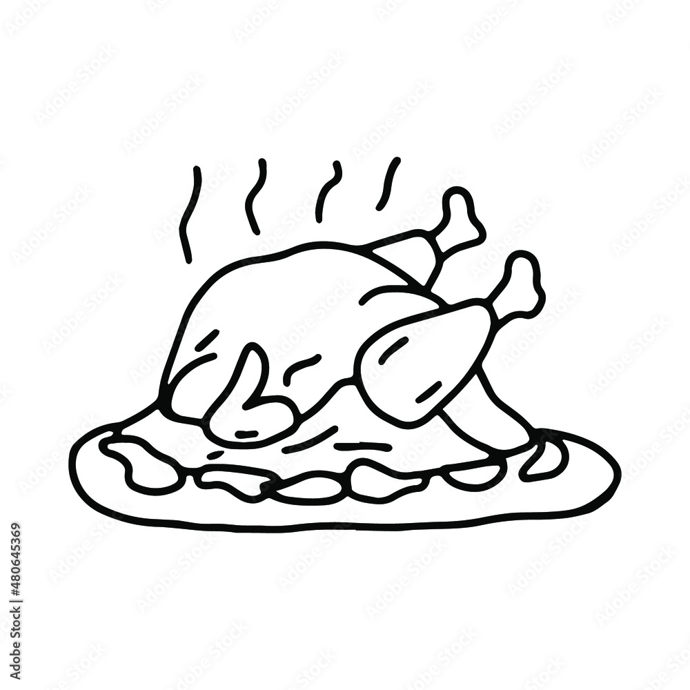 Baked chicken on a dish in doodle style. Isolated vector. Baked chicken on a dish in doodle style. Isolated vector.