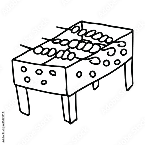 Brazier with shashlik in doodle style. Isolated vector.