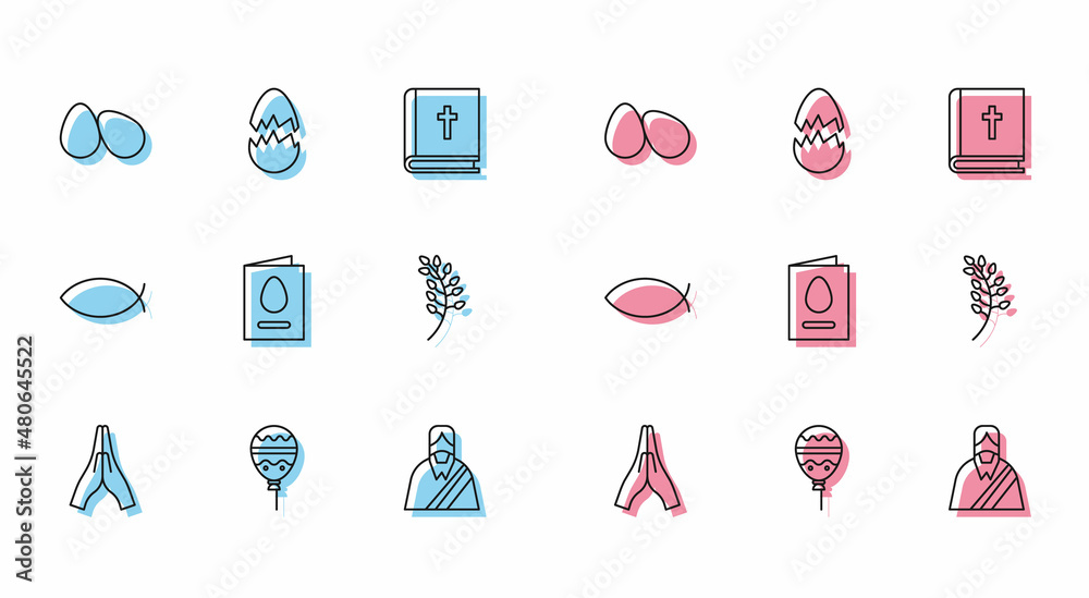 Set line Hands in praying position, Balloons with ribbon, Easter eggs, Jesus Christ, Greeting card Happy, Willow leaf, Christian fish and Broken icon. Vector Set line Hands in praying position, Balloons with ribbon, Easter eggs, Jesus Christ, Greeting card Happy, Willow leaf, Christian fish and Broken icon. Vector