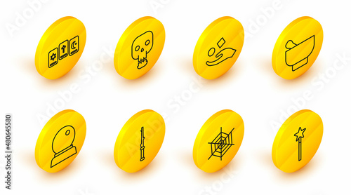 Set line Magic wand, Spider web, ball, mortar pestle, Cube levitating above hand, Skull and Three tarot cards icon. Vector