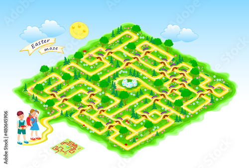 Best labyrinths. Help the children find the eggs. Easter maze. Logic puzzle game. Kids activity sheet. Brain teaser book. Educational page. IQ test. Play online. Vector illustration.