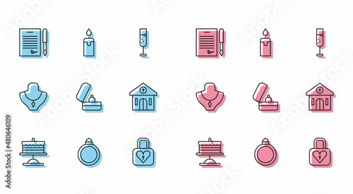Set line Cake on plate, Diamond engagement ring, Marriage contract, Lock and heart, Wedding rings, Church building, Necklace mannequin and Burning candle icon. Vector