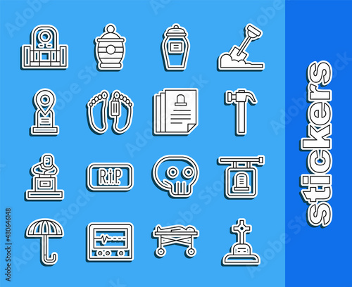 Set line Grave with cross, Signboard tombstone, Hammer, Funeral urn, Dead body, Location grave, and Death certificate icon. Vector