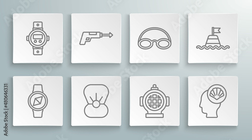 Set line Compass, Fishing harpoon, Shell with pearl, Aqualung, Scallop sea shell, Glasses and cap, Floating buoy the and Diving watch icon. Vector