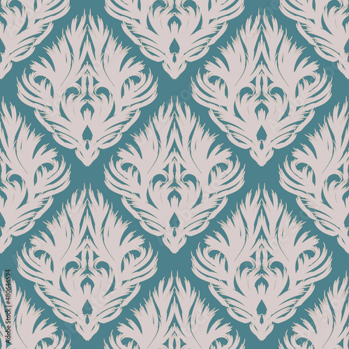 Damask seamless floral pattern. Beige ornament on a blue and green background in vector 