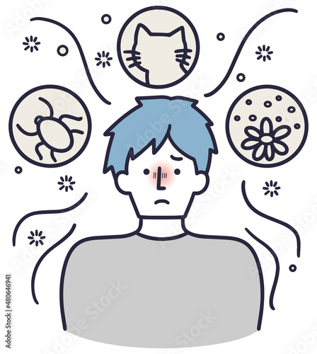  	アレルギーに悩む男性　シンプルイラスト