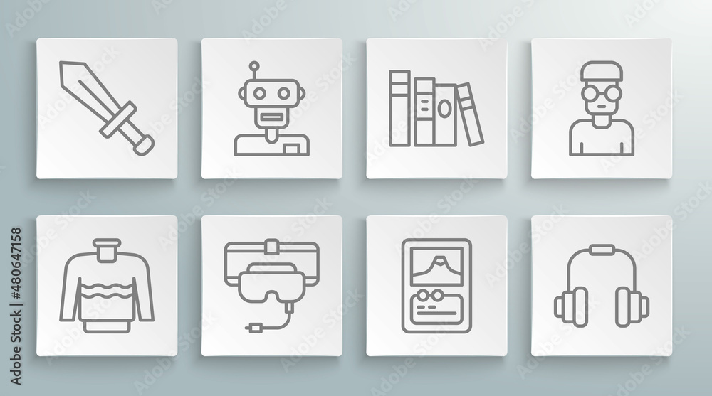Set line Sweater, Robot, Virtual reality glasses, Card game, Headphones, Book, Nerd geek and Sword for icon. Vector Set line Sweater, Robot, Virtual reality glasses, Card game, Headphones, Book, Nerd geek and Sword for icon. Vector