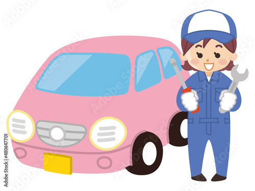 自動車整備士の女性と軽自動車