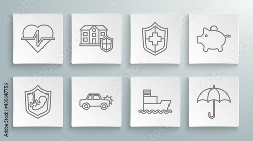 Fényképezés Set line Life insurance with shield, House, Car, Ship, Umbrella, Piggy bank and icon