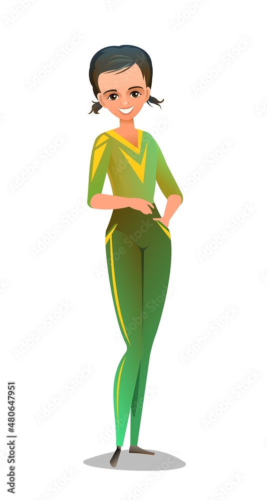 Little girl in tracksuit. Girl got ready for sports activities. Cheerful person. Standing pose. Cartoon comic style flat design. Single character. Illustration isolated on white background. Vector