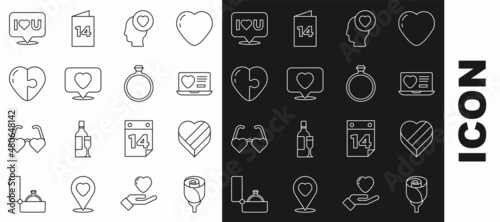 Set line Flower rose, Candy in heart shaped box, Dating app online, Head with, Like, Heart, Speech bubble I love you and Diamond engagement ring icon. Vector