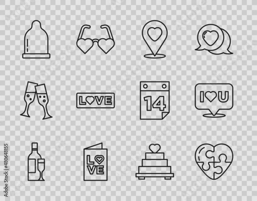 Set line Champagne bottle, Heart, Location with heart, Valentines day party flyer, Condom, Love text, Wedding cake and Speech bubble I love you icon. Vector