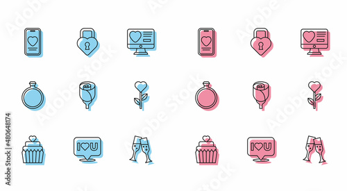 Set line Wedding cake with heart, Speech bubble I love you, Online dating app and chat, Glass of champagne, Flower rose, Heart shape flower, Diamond engagement ring and Castle the icon. Vector