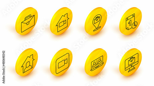Set line Online working, Video chat conference, Camera, Time management, camera Off home and Briefcase icon. Vector