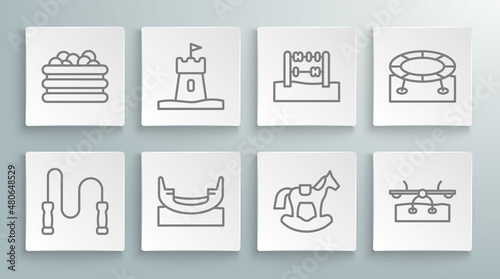 Set line Jump rope, Sand tower, Boat swing, Horse saddle, Seesaw, Abacus, Jumping trampoline and Pool with balls icon. Vector
