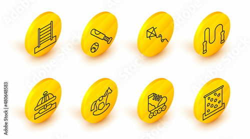 Set line Climbing wall, Roller skate, Horse saddle swing, Attraction carousel, Jump rope, Kite, Baseball bat with ball and Swedish icon. Vector