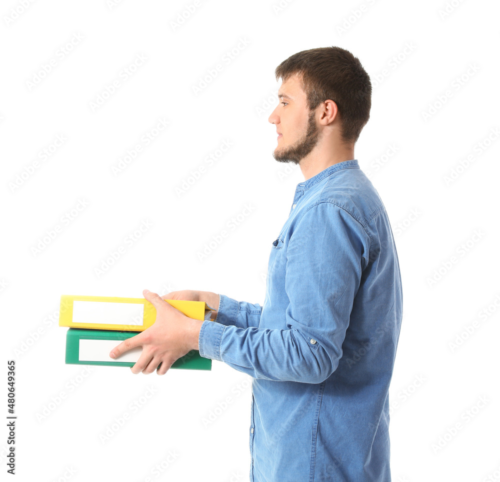 Young man with folders on white background Young man with folders on white background