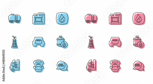 Set line Gas tank for vehicle, Oil tanker ship, railway cistern, Word oil, Spare wheel in the car, Propane gas, rig and Canister motor icon. Vector