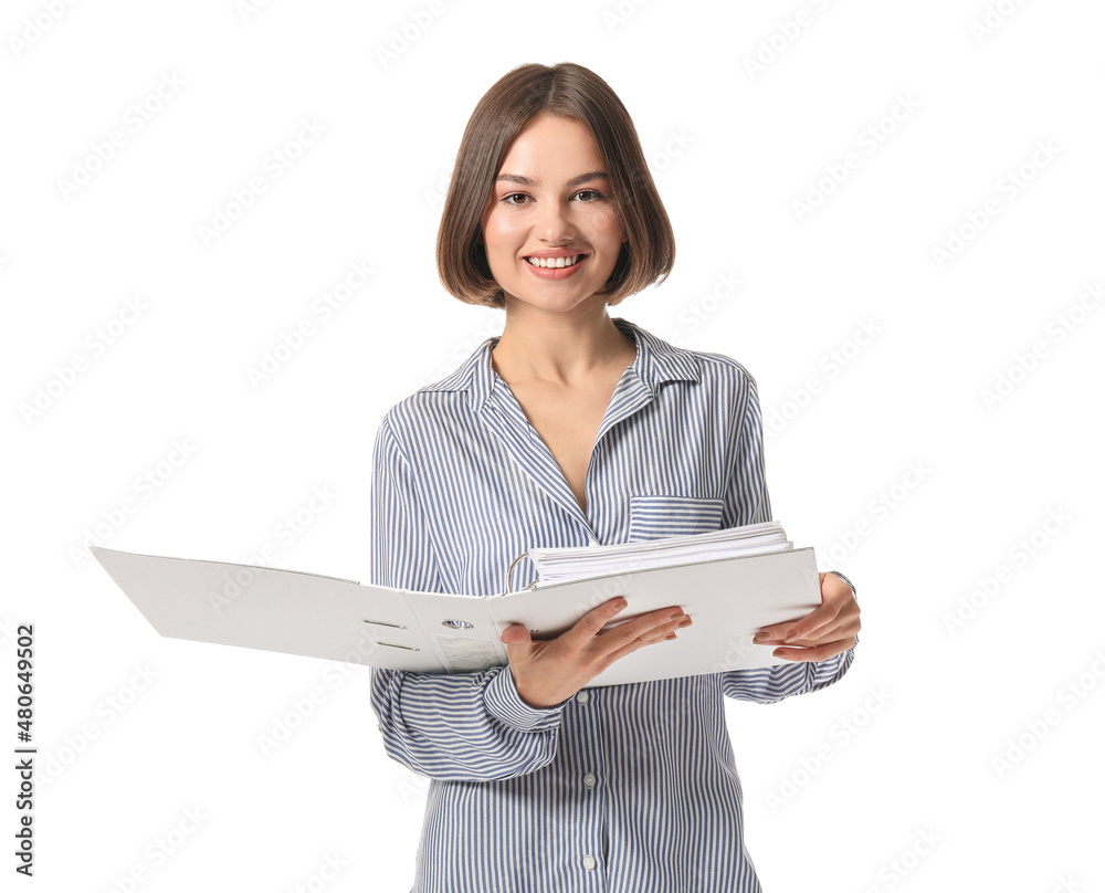 Beautiful young woman with folder on white background Beautiful young woman with folder on white background