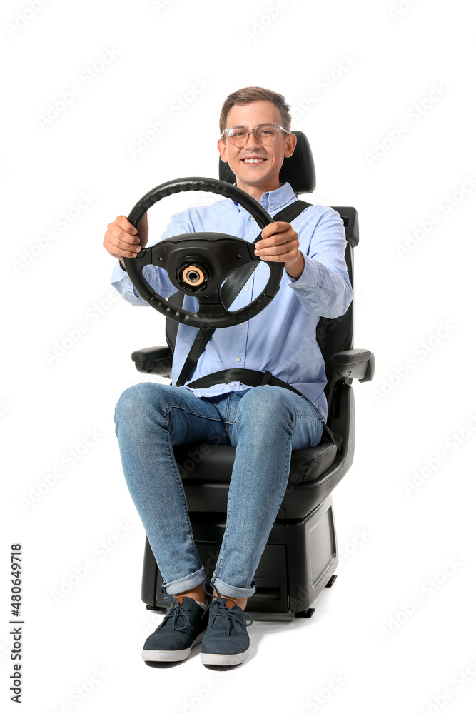 Man in car seat and with steering wheel on white background Man in car seat and with steering wheel on white background