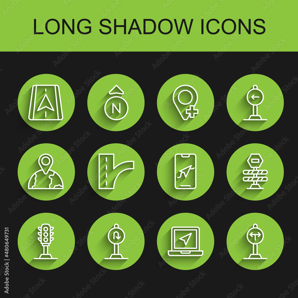 Set line Traffic light, Turn back road sign, City map navigation, Laptop with location marker, Fork in the, Road traffic, barrier and icon. Vector Set line Traffic light, Turn back road sign, City map navigation, Laptop with location marker, Fork in the, Road traffic, barrier and icon. Vector