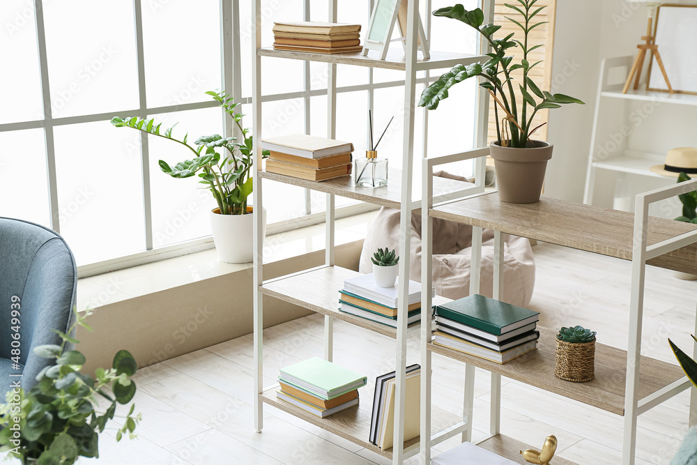 Stylish interior of living room with bookshelf Stock Photo | Adobe Stock